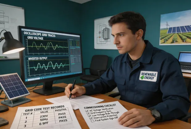 Engineer reviewing inverter test records